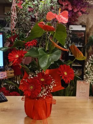Kırmızı kapta antoryum, kırmızı gerbera ve yeşil yaprak aranjmanı